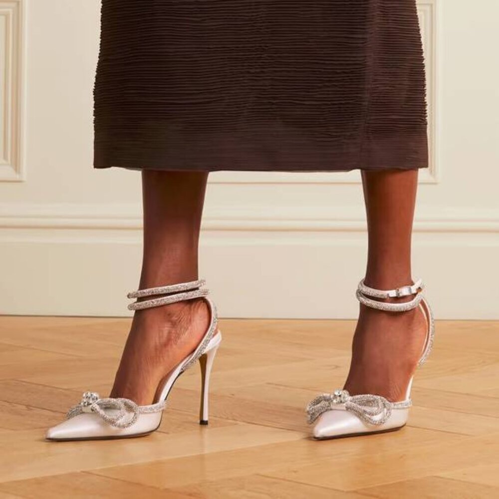 MACH & MACH Double Bow 110 White Silk-Satin Crystal-Embellished Heels